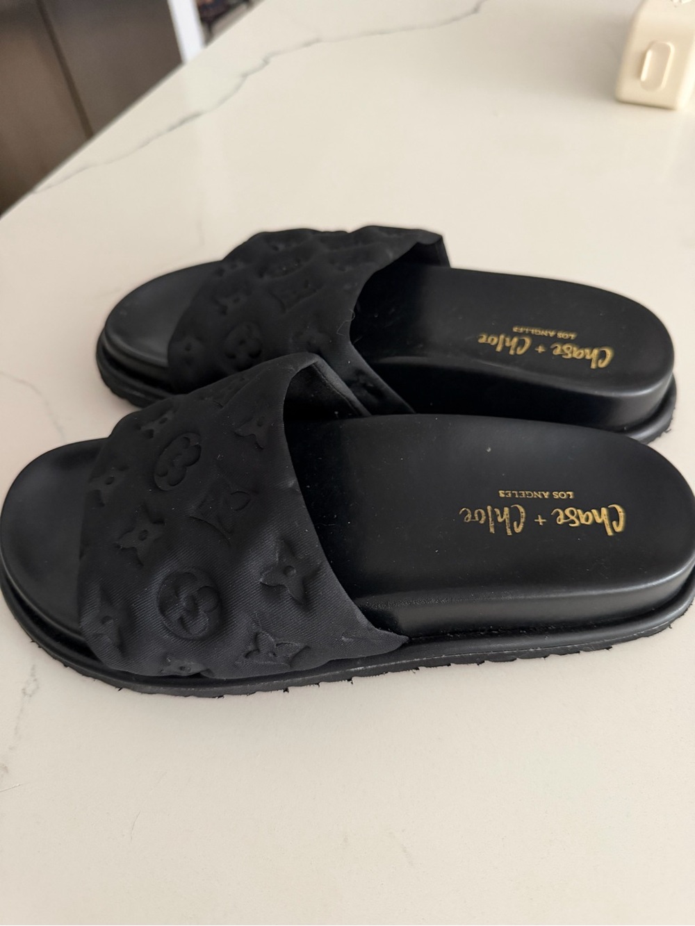 Chase + Chloe Black Embossed Slide Sandals - Picture 2 of 3